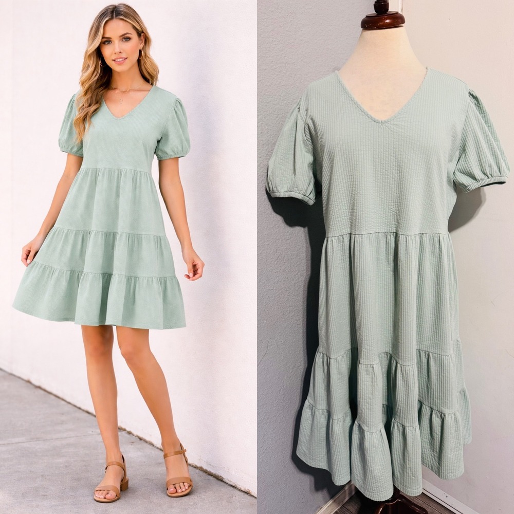 Downeast Cotton Blend Dress Size L Sage Green Ribbed Tiered Babydoll Mini Dress